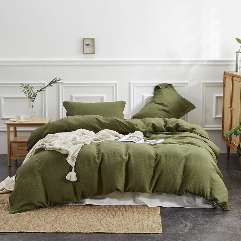 Simple&Opulence 100% Linen Duvet Cover Set, 3 PCS Natural French Flax Olive Green Duvet Cover Queen Size, Breathable Soft Comfy Linen Bedding Comforter Cover with 2 Pillowcases(Olive Green, 88"x92") - Image 1